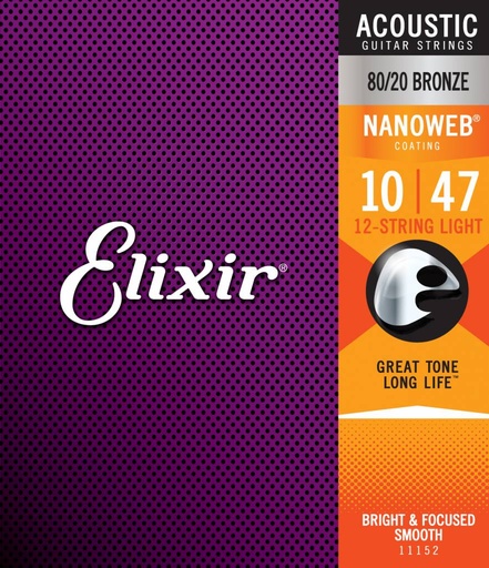 [11152] Elixir 11152 80/20 Bronze Nanoweb 12-String Light