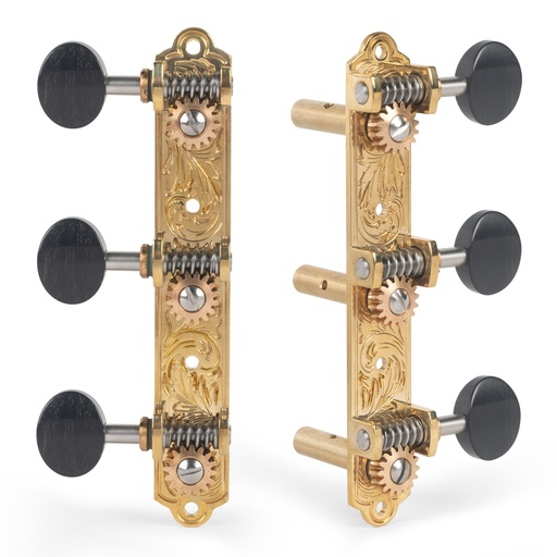 [3503] Waverly Engraved 3-On-A-Plate Tuning Machines for Slotted Pegheads Ebony